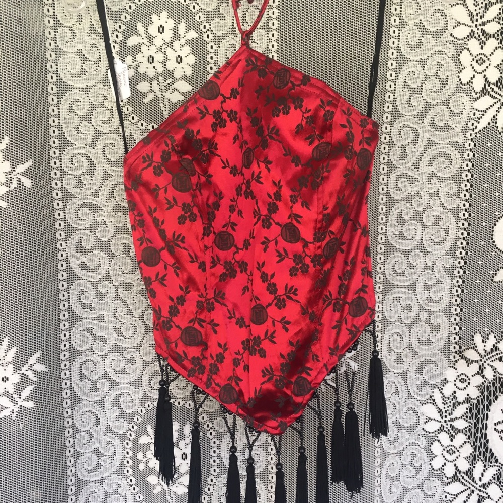 Oriental backless fringed halter top